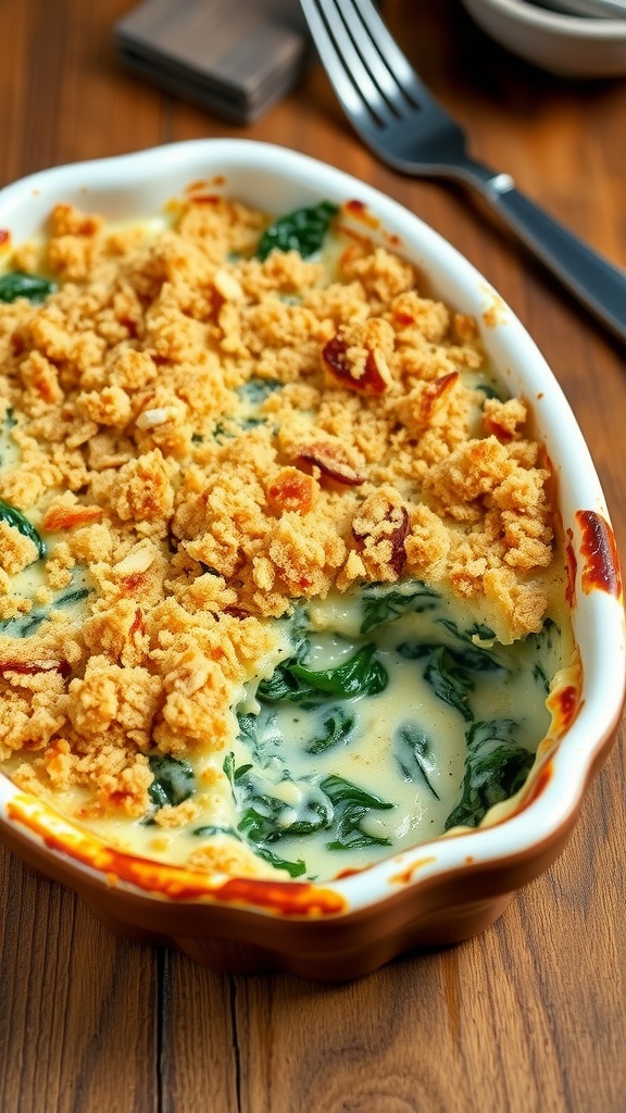 Creamy spinach gratin topped with golden breadcrumbs, served in a rustic dish on a wooden table.